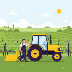Farmer And Tractor Working In Lush Vineyard On Sunny Day Agricultural Scene