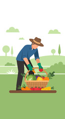 Farmer Gathers Fresh Produce Basket Harvest Healthy Organic Vegetables Rural Scene
