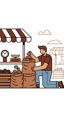 Farmer Harvesting Potatoes From Sacks At Outdoor Market Stall Display
