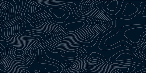 Abstract topographic map background in dark blue with white and light gray contour curves creating organic terrain elevation pattern, seamless geographic relief vector texture design. 