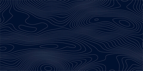Abstract topographic map background in dark blue with white and light gray contour curves creating organic terrain elevation pattern, seamless geographic relief vector texture design. © Hasan