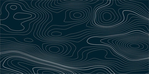 Abstract topographic map background in dark blue with white and light gray contour curves creating organic terrain elevation pattern, seamless geographic relief vector texture design. © Hasan