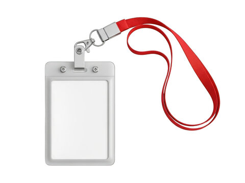 A red lanyard attached to a blank white identification badge holder