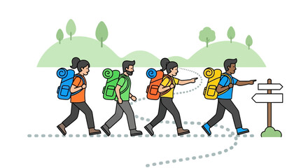 Naklejka premium Group Of Diverse Hikers Following Trail Signs In A Beautiful Green Landscape