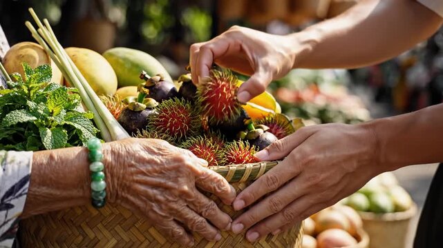 Elderly hand holding basket with fresh tropical fruits in market