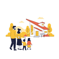 Naklejka premium Happy Family Approaching Modern Suburban Homestay Residence
