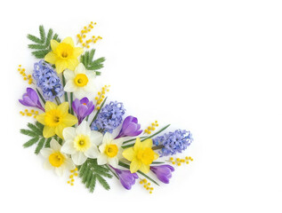 Spring flowers corner frame on white background