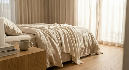Cozy minimalist bedroom with beige linen bedding and morning light