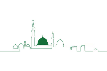 Minimalist green line art depicting a skyline of a mosque building