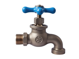 A close-up of a faucet with a blue handle on a white background, suitable for commercial or residential use