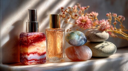 Perfume Bottles with Colorful Liquid and Stones on Table
