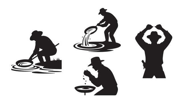 Vector Illustration Of Silhouette Gold Prospectors Panning For Gold In River For Mining And Treasure Hunting Concept
