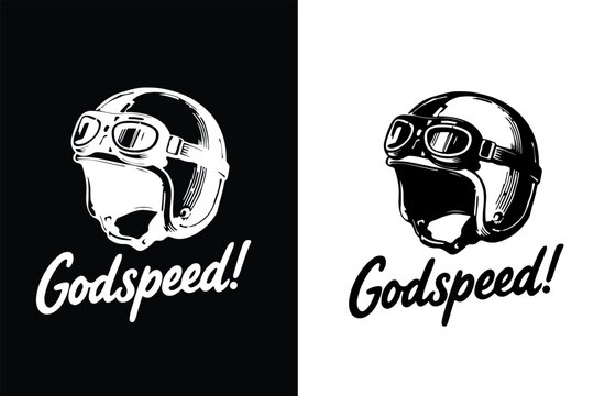 Inscription Godspeed and retro motorcycle helmet. Vector illustration