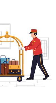 Hotel Bellman Assisting With Luggage On Cart Professional Service