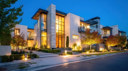 Obraz premium Quiet street in a stylish suburban villa community at night