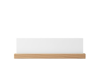 A wooden shelf with a white card placed on it, ideal for use in presentations, displays, or as a decorative accent