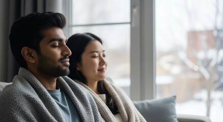 Obraz premium Relaxed multi-ethnic couple meditating on sofa at home. Young man and woman with eyes closed wrapped in blankets near winter window