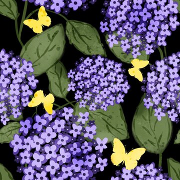 Abstract Digital Watercolor Hand Painting Lilac Hydrangea Flowers, Butterflies and Leaves Seamless Textile Pattern with Isolated Background