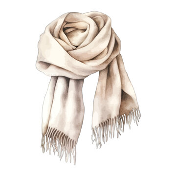 Beige cashmere wool scarf with fringed edges, watercolor style