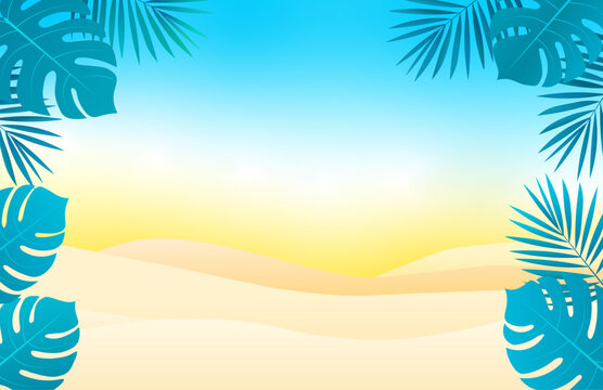 Summer Tropical Landscape Background with Sand Dunes and Palm Leaf Border