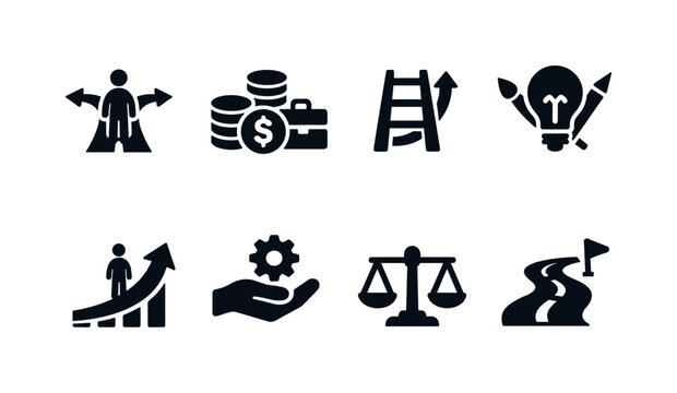 Flexible career mindset. Filled icon set of Flexible career mindset: choosing own path, multiple income