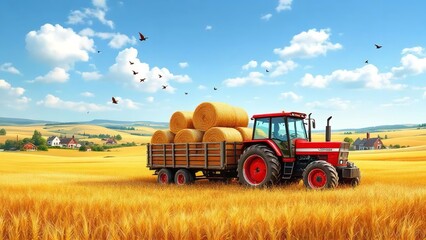 Obraz premium Red tractor with hay bales on trailer in golden wheat field under blue sky with white clouds and flying birds