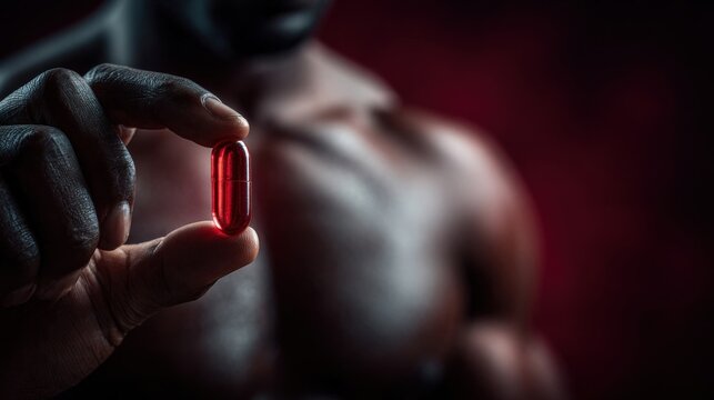 Muscular adult man with dark skin holding a red capsule between fingers against a dramatic background, representing vitamins and dietary supplements for men, bodybuilding and muscle growth support.