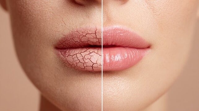 Comparison of female lips and skin showing severe dryness and cracked texture on one side and smooth hydrated lips on the other, illustrating skincare treatment and moisture restoration.