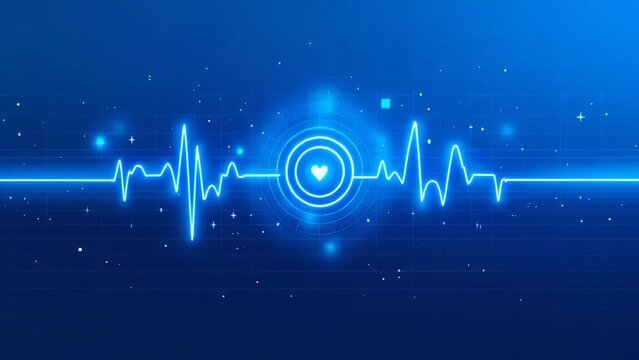 Glowing blue ecg heartbeat line with heart symbol on dark gradient background medical technology concept