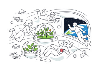 Obraz premium Space habitats. Futuristic space station interior with people floating calmly, plants growing in transparent