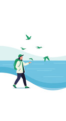 Man Feeding Flock of Birds by Calm Blue Ocean Waters