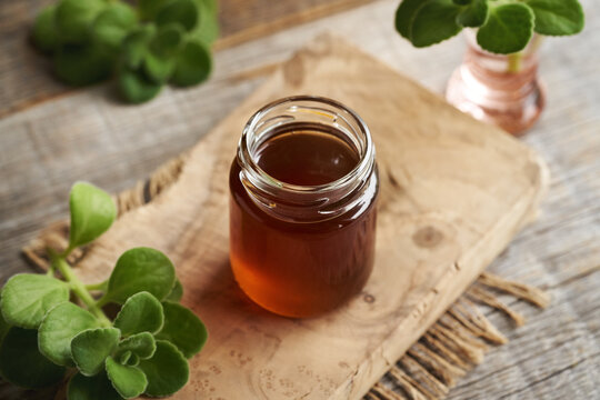 A jar of Coleus amboinicus syrup for common cold on a table