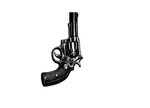 Antique revolver shown upright with barrel disappearing into darkness, emblem of organized crime and danger,