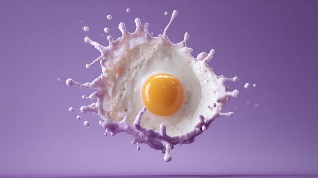 A fried egg splashing into a vibrant purple liquid with dynamic movement and energy