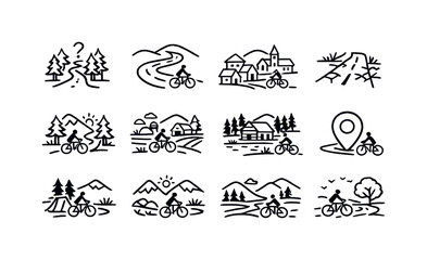 Obraz premium Exploring hidden cycling routes. Line outline icon set of Exploring hidden cycling routes: unknown path,