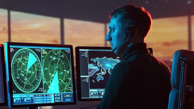 Air traffic controller intently monitors flight data on multiple computer screens in a modern control tower.