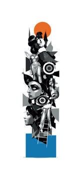 A monumental abstract totem made of overlapping black-and-white collage fragments, human figures, icons, and