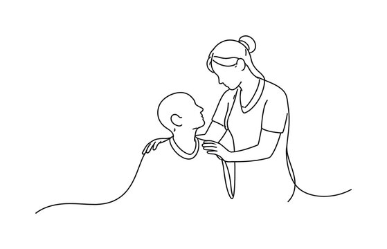 Support systems for caregivers and health professionals. Minimalistic one-line drawing caregiver and patient