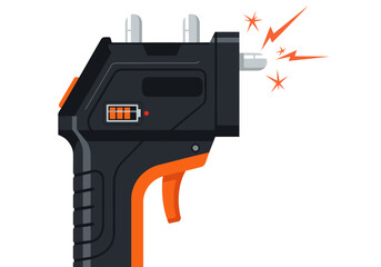 Naklejka premium A stylized illustration of a stun gun. Bold black and orange design, featuring a battery indicator and safety details. Modern, graphic style. Suitable for tech and security themes.
