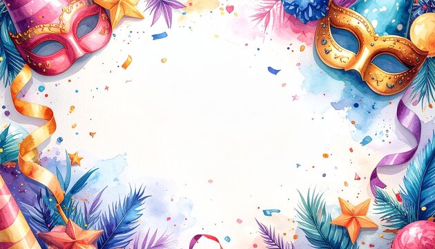 Karnevalsrahmen mit Masken und Konfetti | Buntes Pastell | Fasching Feier Einladung | Copyspace Hintergrund