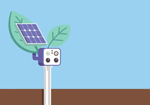 A stylized solar sensor device resembling a growing plant monitors a smart garden. Modern, clean design with a bright, blue background. Ideal for sustainability and technology visuals.