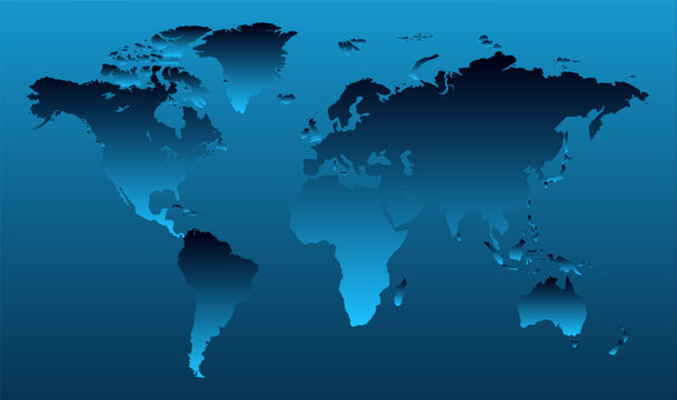 The gradient world map is rendered in cool blue tones. Global network connectivity and international significance are symbolic of this illustration, which evokes geography, travel, and international i