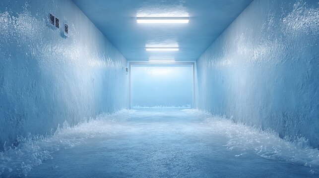 A serene and icy blue room with frosty walls and a frozen floor, illuminated by overhead lights.