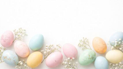 pastel colored easter eggs on white background with copy space