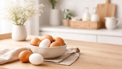 bright interior table with eggs as subtle accent and soft light
