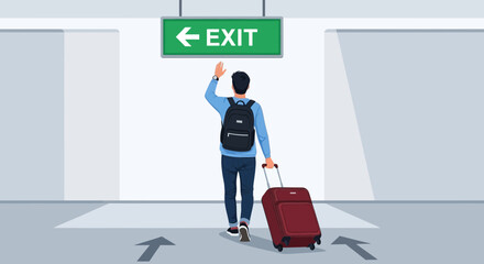 Man With Luggage Waves Goodbye Under Exit Sign Airport Terminal