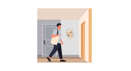 Fototapeta premium Man With Tote Bag Walks Down Hallway Towards Door