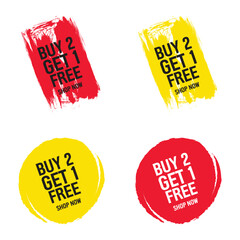 Buy 2 get 1 free sticker template design. set of discount labels.