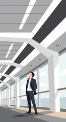 Obraz premium Modern Man Gazing Upwards Through Bright Architectural Hallway