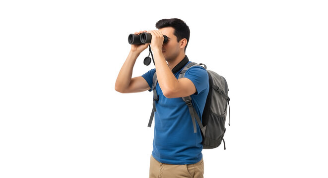 A man with a backpack looking through binoculars on transparent background